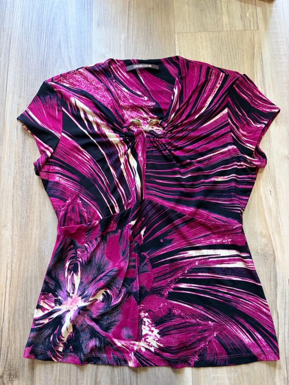 Roberto Cavalli Magenta & Black Twist-Detail Short Sleeve Top